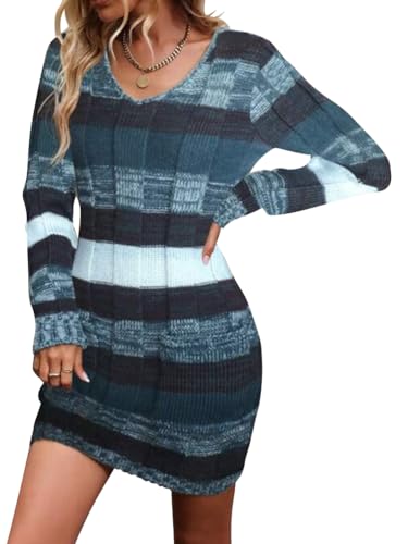 Onsoyours Damen Kleid Elegante Strickkleid Casual Langarm V-Ausschnitt Pullover Tunika Minikleid Wickelkleid Mit Knopf Schlitz Warme Für Herbst Winter 01 Blau L von Onsoyours