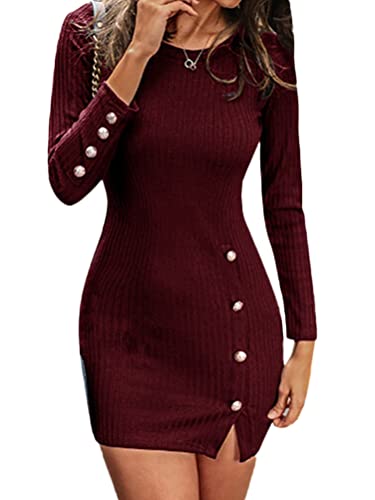 Onsoyours Damen Kleid Elegante Strickkleid Casual Langarm V-Ausschnitt Pullover Tunika Minikleid Wickelkleid Mit Knopf Schlitz Warme Für Herbst Winter A Rot S von Onsoyours