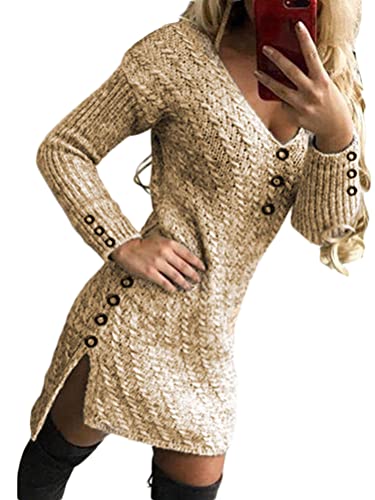 Onsoyours Damen Kleid Elegante Strickkleid Casual Langarm V-Ausschnitt Pullover Tunika Minikleid Wickelkleid Mit Knopf Schlitz Warme Für Herbst Winter B Khaki M von Onsoyours