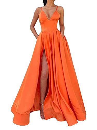 Onsoyours Damen Kleid Festliche Kleider Brautjungfer Hochzeit Cocktailkleid Chiffon Faltenrock Elegant Langes Abendkleid Partykleid D Orange L von Onsoyours