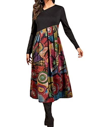 Onsoyours Damen Kleid Langarm V-Ausschnitt A-Linie Kurze Mini Kleider Lose Swing T-Shirt Kleid Blusen Tunika D Mehrfarbig 09 3XL von Onsoyours