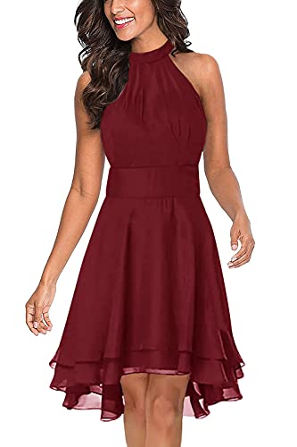 Onsoyours Damen Kleid Neckholder Vintage Retro Rockabilly Kleider Petticoat Faltenrock Cocktail Festliche Brautjungfern Partykleid Kleider A Rot M von Onsoyours