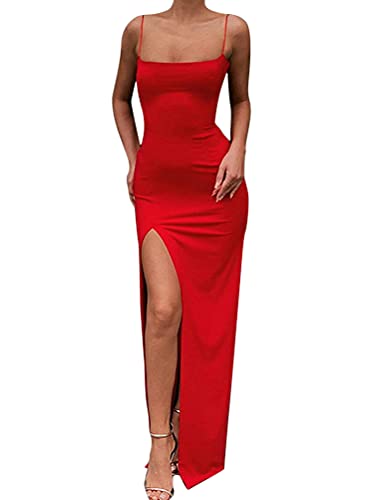 Onsoyours Damen Kleid Trägerkleid Bodycon Schulterfrei Partykleid Einfarbig Freizeitkleid Maxikleid mit Schlitz A Rot S von Onsoyours