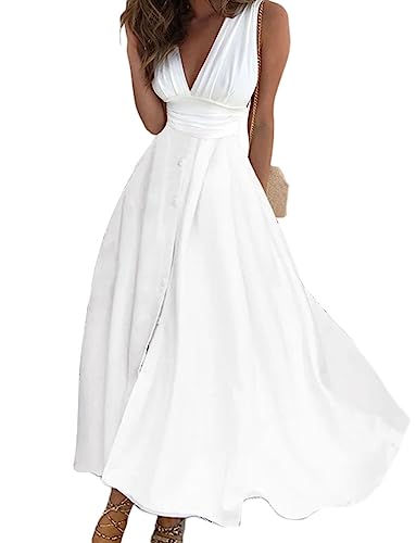 Onsoyours Damen Kleid V Ausschnitt Ärmellos Lange Freizeitkleider Sommer Strand Maxi Dress A Weiß XL von Onsoyours