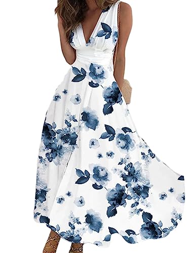 Onsoyours Damen Kleid V Ausschnitt Ärmellos Lange Freizeitkleider Sommer Strand Maxi Dress C11 Blau M von Onsoyours