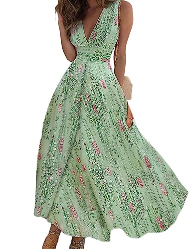 Onsoyours Damen Kleid V Ausschnitt Ärmellos Lange Freizeitkleider Sommer Strand Maxi Dress C2 Grün M von Onsoyours