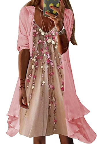 Onsoyours Damen Kleider Boho Lose Maxi Langes Kleider Elegant Strand A-Linie Drucken Freizeitkleid Langarm Sommerkleider Knielang Ärmellos Damenkleider Tüll Strickjacke E Rosa01 L von Onsoyours