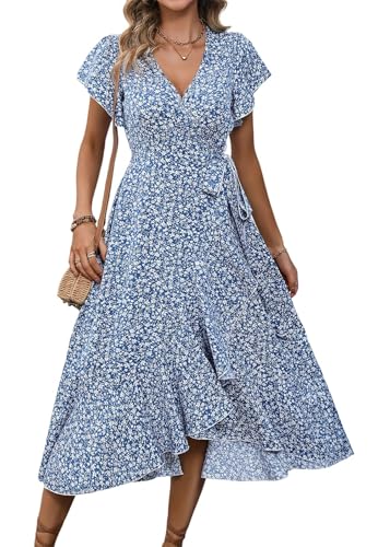 Onsoyours Damen Kleider Boho Sommerkleid V-Ausschnitt Maxikleid Kurzarm Strandkleid Lang Mit Schlitz 06 Blau 42 von Onsoyours