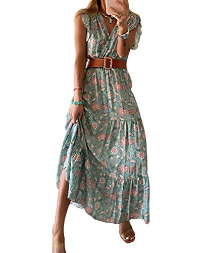 Onsoyours Damen Kleider Boho Sommerkleid V-Ausschnitt Maxikleid Kurzarm Strandkleid Lang Mit Schlitz A Grün 44 von Onsoyours