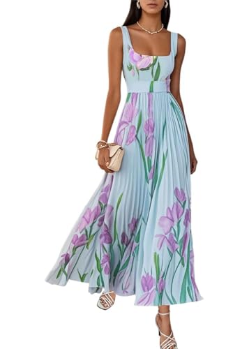 Onsoyours Damen Kleider Elegant Ärmellos Lange Abendkleider Blumenmuster A-Linie Cocktailkleid Hohe Taille Partykleid Plissee Maxikleid A Blau L von Onsoyours