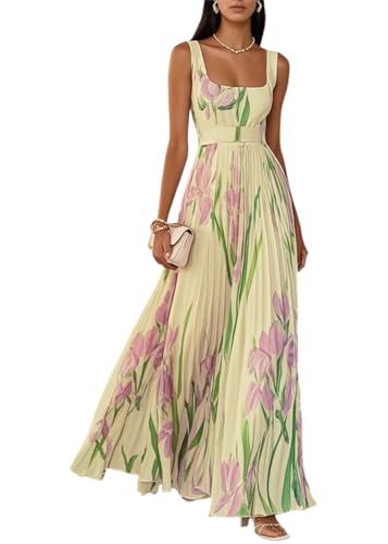 Onsoyours Damen Kleider Elegant Ärmellos Lange Abendkleider Blumenmuster A-Linie Cocktailkleid Hohe Taille Partykleid Plissee Maxikleid A Gelb L von Onsoyours