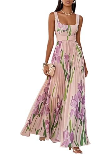 Onsoyours Damen Kleider Elegant Ärmellos Lange Abendkleider Blumenmuster A-Linie Cocktailkleid Hohe Taille Partykleid Plissee Maxikleid A Rosa 3XL von Onsoyours