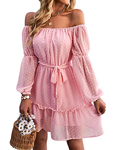 Onsoyours Damen Kleider Flowy Swing Kurzes Kleid Off Shoulder Puff Langarm Polka Dots Minikleider Swing Kleid Sommer A Rosa XXL von Onsoyours