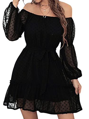 Onsoyours Damen Kleider Flowy Swing Kurzes Kleid Off Shoulder Puff Langarm Polka Dots Minikleider Swing Kleid Sommer A Schwarz M von Onsoyours