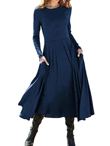 Onsoyours Damen Kleider Langarm Plissee Rundhals Winterkleid Empire-Taille Freizeitkleid mit Taschen A Marine XL von Onsoyours