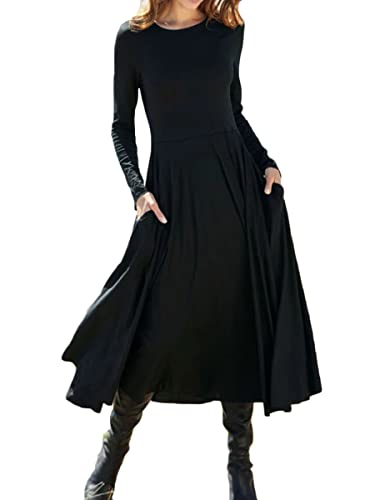 Onsoyours Damen Kleider Langarm Plissee Rundhals Winterkleid Empire-Taille Freizeitkleid mit Taschen A Schwarz XL von Onsoyours