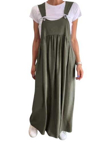 Onsoyours Damen Kleider Latzrock Quadratischer Ausschnitt Hosenträger Taschen Leinen Latzkleid Overallkleid Freizeitkleider Baumwolle Leinen Maxi Dress A Armeegrün L von Onsoyours