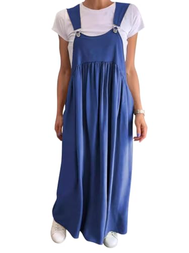 Onsoyours Damen Kleider Latzrock Quadratischer Ausschnitt Hosenträger Taschen Leinen Latzkleid Overallkleid Freizeitkleider Baumwolle Leinen Maxi Dress A Blau 3XL von Onsoyours