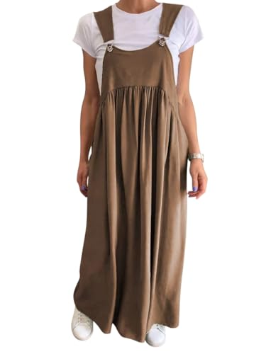 Onsoyours Damen Kleider Latzrock Quadratischer Ausschnitt Hosenträger Taschen Leinen Latzkleid Overallkleid Freizeitkleider Baumwolle Leinen Maxi Dress A Braun M von Onsoyours