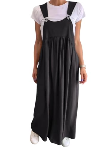 Onsoyours Damen Kleider Latzrock Quadratischer Ausschnitt Hosenträger Taschen Leinen Latzkleid Overallkleid Freizeitkleider Baumwolle Leinen Maxi Dress A Schwarz XXL von Onsoyours