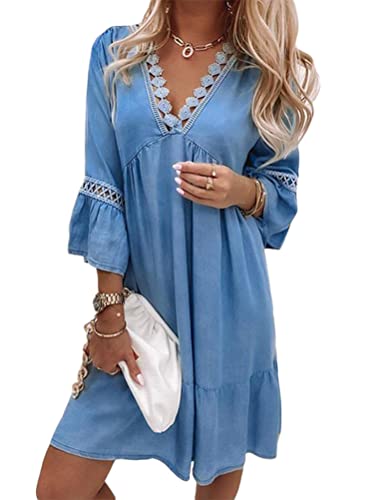 Onsoyours Damen Kleider Strand Elegant Casual A-Linie Kleid 3/4-Arm Sommerkleider Boho V-Ausschnitt Tunika Vintage Böhmen Mini Kleider Strandkleid A Blau LA von Onsoyours