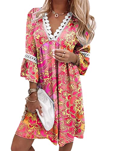 Onsoyours Damen Kleider Strand Elegant Casual A-Linie Kleid 3/4-Arm Sommerkleider Boho V-Ausschnitt Tunika Vintage Böhmen Mini Kleider Strandkleid A Rosa L von Onsoyours