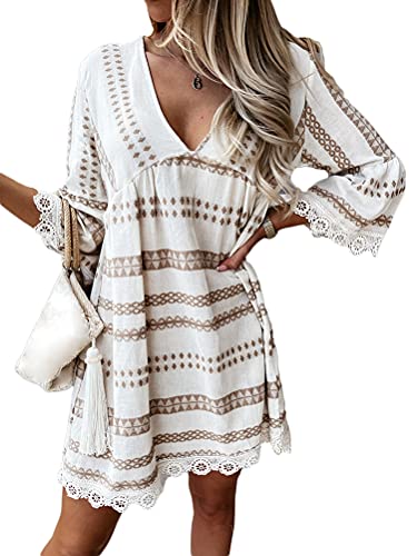 Onsoyours Damen Kleider Strand Elegant Casual A-Linie Kleid Langarm Sommerkleider Boho V-Ausschnitt Quaste Tunika Mini Vintage Kleider Z3 Aprikose 42 von Onsoyours