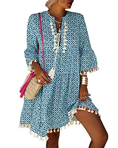 Onsoyours Damen Kleider Strand Elegant Casual A-Linie Kleid Langarm Sommerkleider Boho V-Ausschnitt Quaste Tunika Mini Vintage Kleider Z7 Blau 46 von Onsoyours