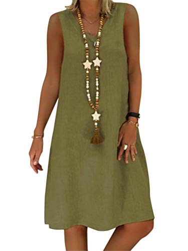 Onsoyours Damen Kleider Strand Elegant Casual A-Linie Kleid Sommerkleid Leinen V-Ausschnitt Ärmellos Einfarbig Boho Knielang Kleid C Armeegrün DE 48 von Onsoyours