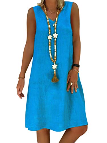 Onsoyours Damen Kleider Strand Elegant Casual A-Linie Kleid Sommerkleid Leinen V-Ausschnitt Ärmellos Einfarbig Boho Knielang Kleid C Blau DE 36 von Onsoyours