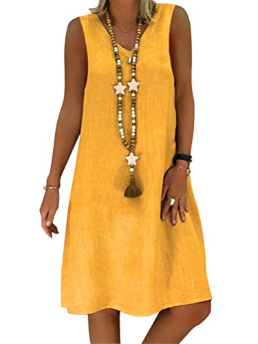 Onsoyours Damen Kleider Strand Elegant Casual A-Linie Kleid Sommerkleid Leinen V-Ausschnitt Ärmellos Einfarbig Boho Knielang Kleid C Gelb DE 38 von Onsoyours