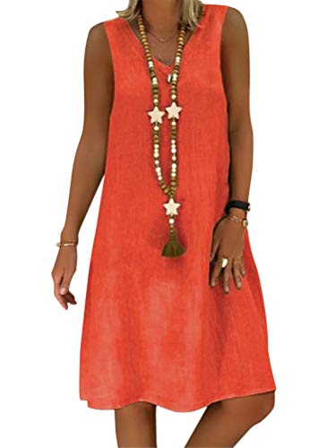 Onsoyours Damen Kleider Strand Elegant Casual A-Linie Kleid Sommerkleid Leinen V-Ausschnitt Ärmellos Einfarbig Boho Knielang Kleid C Orange DE 38 von Onsoyours