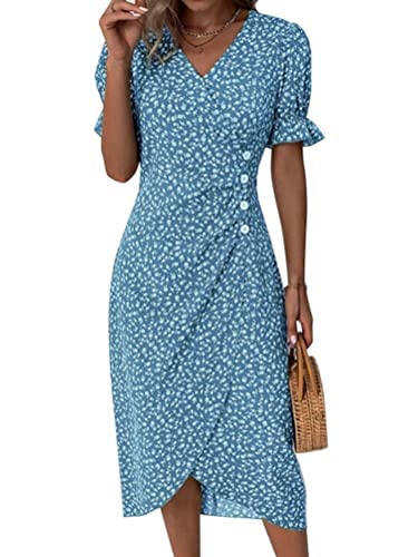 Onsoyours Damen Kleider Strandkleid Knielang Kurzarm Freizeitkleid Schicke Shirtkleider High Waist Retro Cocktailkleid Mit V-Ausschnitt Knopf Drucken Midi Kleider High Low Wickelkleid A Blau L von Onsoyours