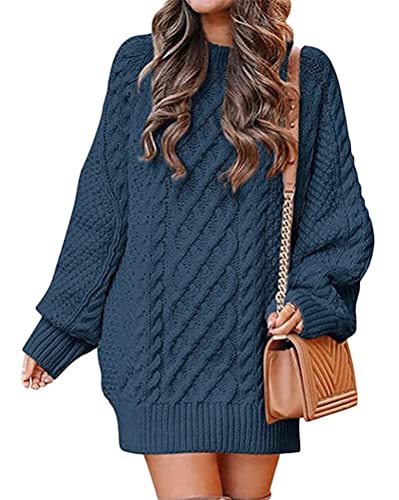 Onsoyours Damen Kleider Strick Pulloverkleid Casual Langarm Pullover Rundkragen Winterkleid Pulli Minikleid Pullover Kleid A Blau L von Onsoyours