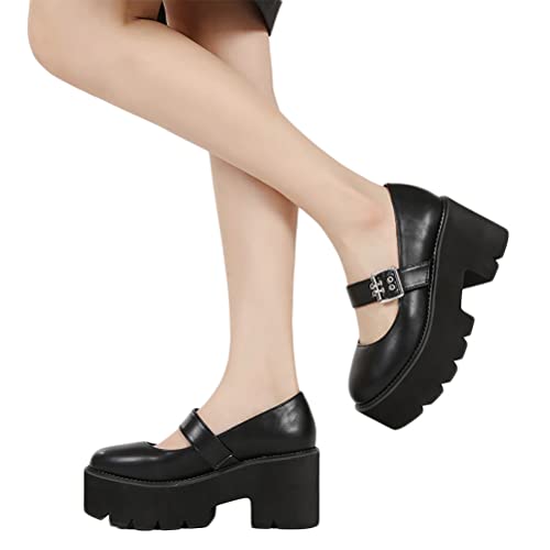 Onsoyours Damen Klobige Plattform Mary Jane Schuhe Retro Schnallenriemen Runde Zehen Plattform Mund Süße Lolita Prinzessin Schuhe D Schwarz 38 EU von Onsoyours