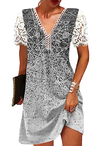 Onsoyours Damen Knielang Kurzarm Sommer Kleider Sexy Elegant Kleid Vintage Boho Strandkleider Minikleid Teenager Mädchen Festlich Kleider Blumen Drucken Kleid Kurz Sommerkleid A Grau XXL von Onsoyours