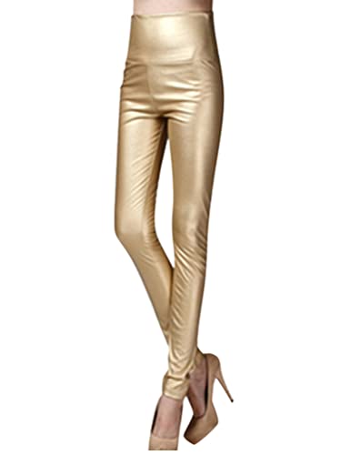 Onsoyours Damen Kunstleder Leggings High Waist PU Leder Hose Strumpfhosen Treggins Leggins Thermal Fleece Winter Gold M von Onsoyours