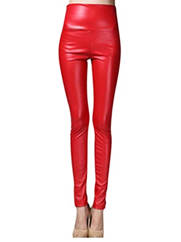 Onsoyours Damen Kunstleder Leggings Lederhose High Waist PU Leder Leggings Hose Strumpfhosen Treggins Leggins Kunstleder Leggings Thermal Fleece Kunstleder Winter Rot XL von Onsoyours