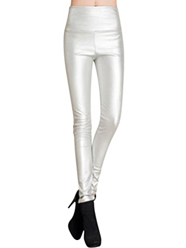 Onsoyours Damen Kunstleder Leggings Lederhose High Waist PU Leder Leggings Hose Strumpfhosen Treggins Leggins Kunstleder Leggings Thermal Fleece Kunstleder Winter Silber S von Onsoyours