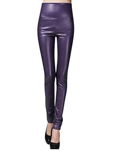 Onsoyours Damen Kunstleder Leggings Lederhose High Waist PU Leder Leggings Hose Strumpfhosen Treggins Leggins Kunstleder Leggings Thermal Fleece Kunstleder Winter Violett L von Onsoyours