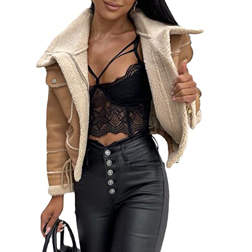 Onsoyours Damen Kunstlederjacke Winterjacke Wildlederimitat Jacke Mantel Herbst Winter Revers Plüschjacke Reißverschluss Kurz Bikerjacke Parka Outwear A Khaki L von Onsoyours