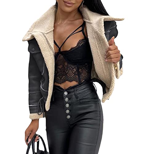 Onsoyours Damen Kunstlederjacke Winterjacke Wildlederimitat Jacke Mantel Herbst Winter Revers Plüschjacke Reißverschluss Kurz Bikerjacke Parka Outwear A Schwarz L von Onsoyours