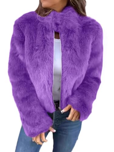 Onsoyours Damen Kunstpelz Mantel Winterjacke Jacke Herbst Winter Warm Winterjacke Elegant Cardigan Reißverschluss Wintermantel Parka Outwear A Lila XXL von Onsoyours