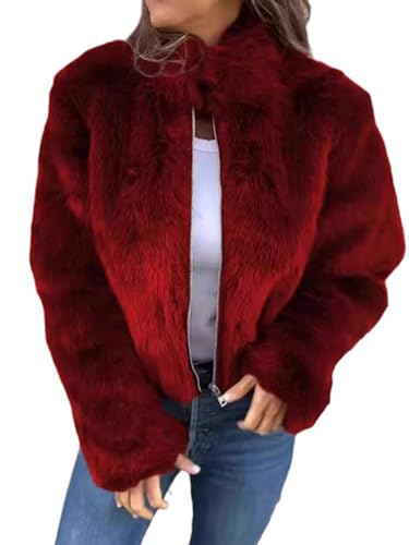 Onsoyours Damen Kunstpelz Mantel Winterjacke Jacke Herbst Winter Warm Winterjacke Elegant Cardigan Reißverschluss Wintermantel Parka Outwear A Rot S von Onsoyours