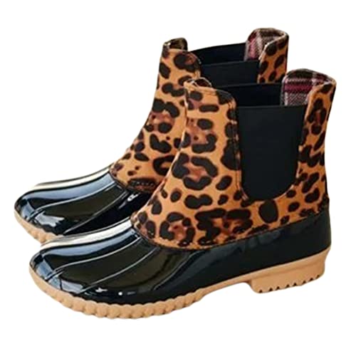 Onsoyours Damen Kurz Gummistiefel Chelsea Regenstiefel Wasserdicht Gartenschuhe mit Blockabsatz Leopard 39 EU von Onsoyours