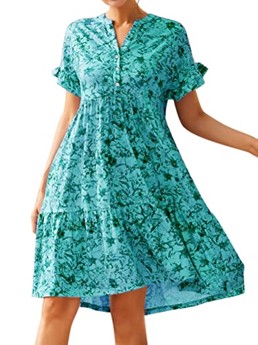 Onsoyours Damen Kurz Sommerkleid Strandkleid Boho Mini Tunika V-Ausschnitt Blumenkleid Loose Kleid Floral Minikleid Kurzarm Swing Kleid A Himmelblau XXL von Onsoyours