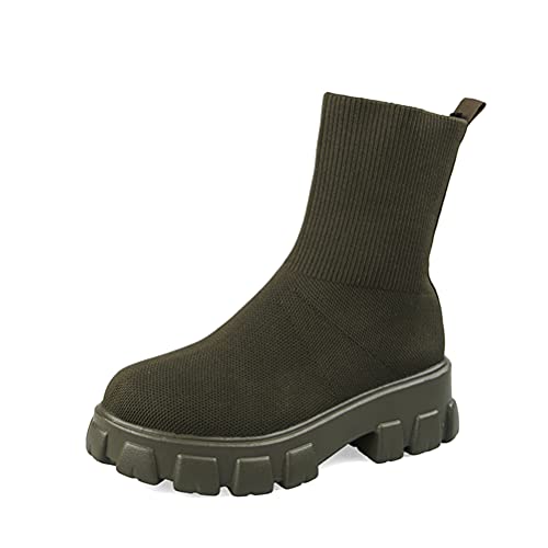 Onsoyours Damen Kurz Stiefelette Gestrickte Gemütlich Stiefeletten Sock Heeled Boot Frauen Retro Stiefel Biker Boots A Armeegrün 38 EU von Onsoyours