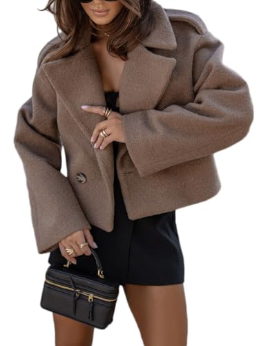 Onsoyours Damen Kurz Tweed Jacke Langarm Revers Trenchcoat Mantel Lässiger Blazer Elegante Parka Coat Herbst Winter Outwear Manteljacke mit Knopfleiste A Braun L von Onsoyours