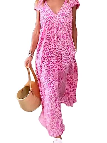 Onsoyours Damen Kurzarm Boho Kleid Maxikleid Freizeitkleid Loose Fit Sommerkleid Long Strandkleid V-Ausschnitt Blumenkleid mit Taschen Partykleid A Rosa S von Onsoyours