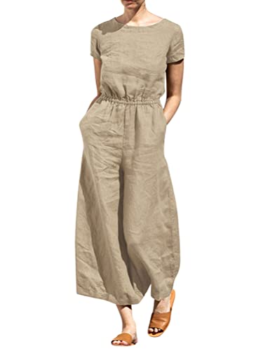 Onsoyours Damen Kurzarm Lang Elastische Taille Jumpsuit Elegant Overall Jumpsuits O-Ausschnitt Playsuit Romper Hosenanzug mit Taschen B Khaki L von Onsoyours